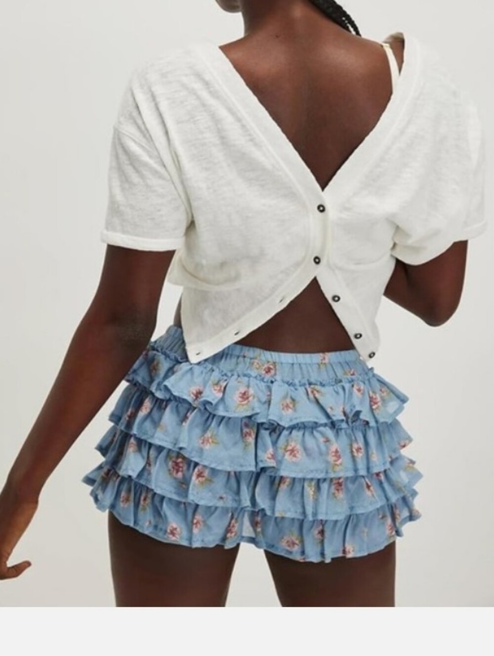 NEW! Free People "Ruffle Up Bloomers" Light Blue Ruffle Floral High-Waist Shorts - Picture 14 of 14